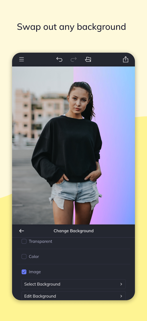 Interfaz de la aplicación BeFunky mostrando la herramienta de reemplazo de fondo en una foto de retrato