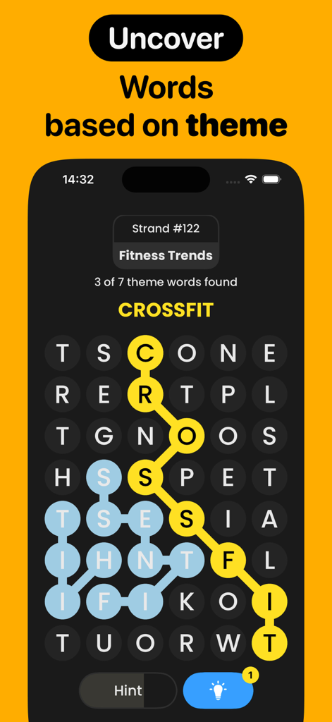 Strands Puzzle: Find Words - A mobile screenshot of the Strands Puzzle word game showing the theme Fitness Trends and the word CrossFit highlighted on a grid.
