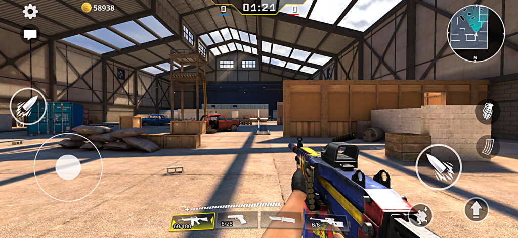 First person view of GO Strike mobile game gameplay inside an industrial factory map with a customized rifle