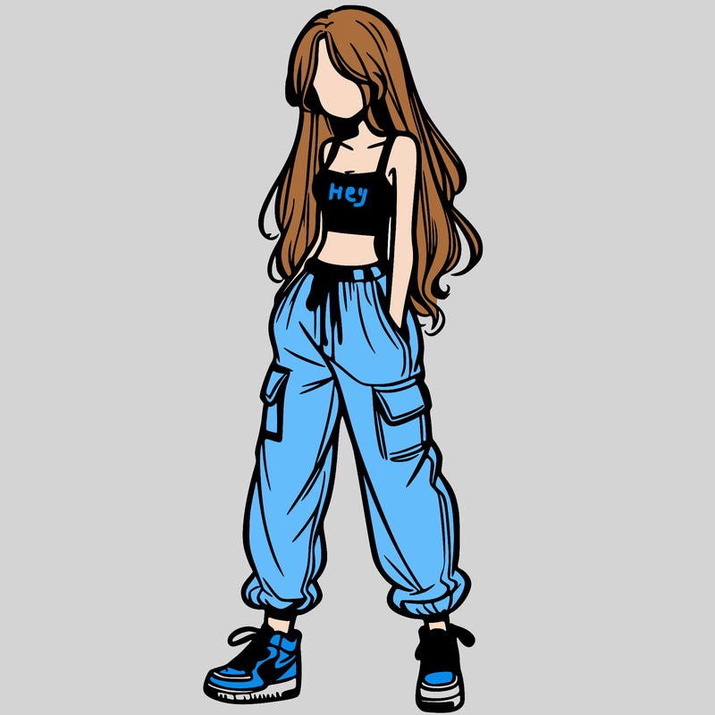 girl in baggy pants crop top and long hair