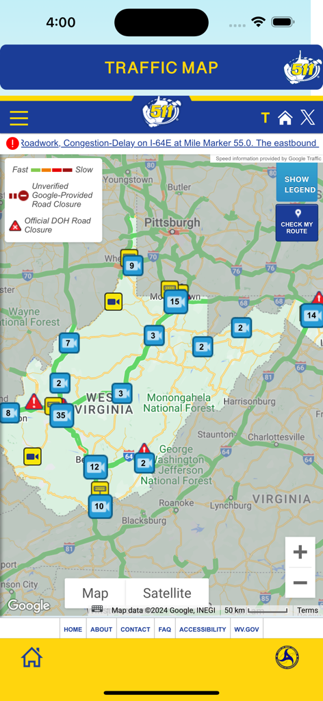 Real-time traffic map of West Virginia showing road alerts and camera icons in the WV 511 Drive Safe app