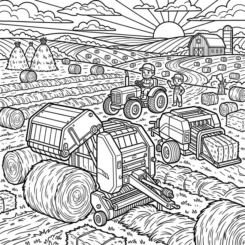 Step into the heart of harvest season with this engaging baling machines coloring page, specially designed with clear outlines for ease of use. Experience the satisfaction of farm work as you bring this agricultural scene to life with your favorite colors.