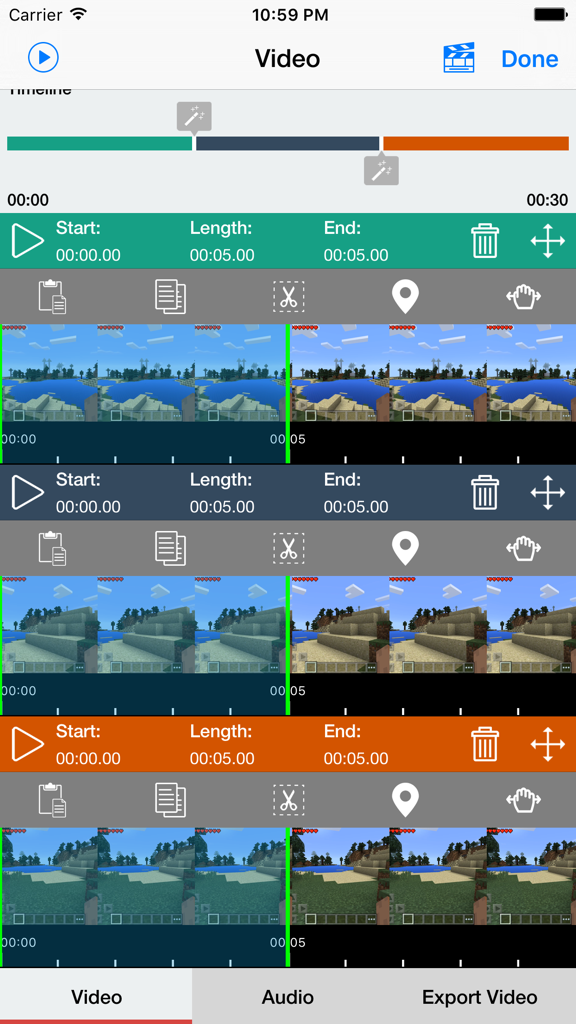 Interfaz móvil de Pro Editor mostrando edición de video multipista con clips de juegos