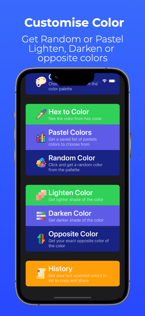밝게 하기, 어둡게 하기, 반대 색상 찾기와 같은 색상 사용자 정의 도구를 보여주는 ColorPixel 앱의 인터페이스 메뉴