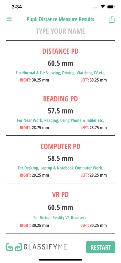 Screenshot of the Pupil Distance PD Measure app showing measurement results for distance reading computer and VR glasses