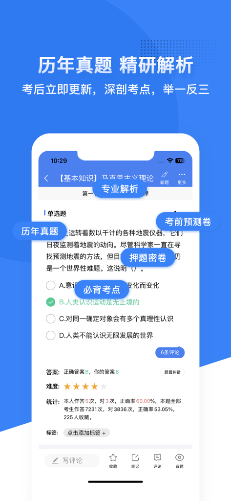 Interface of the Lan Gene Medicine app showing a medical practice exam question with professional analysis and user statistics