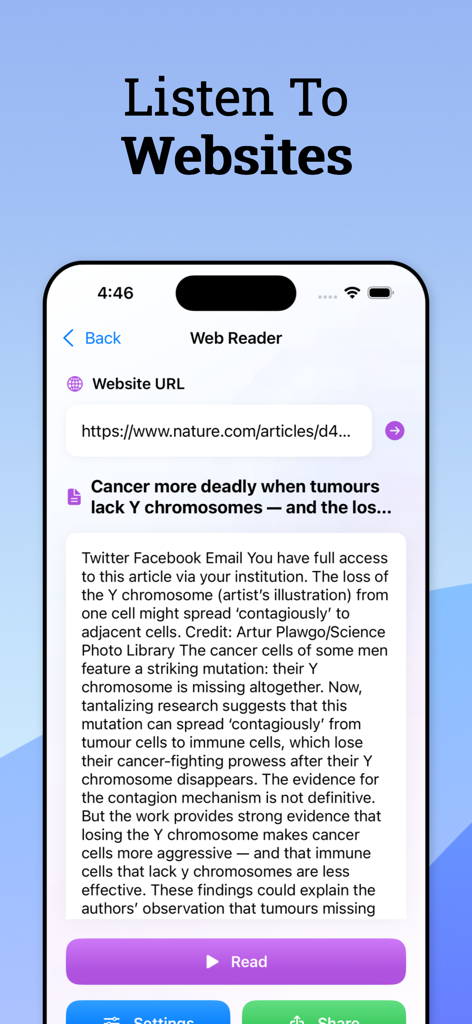 TTS Reader : Read Text Aloud - TTS Reader app interface showing the Web Reader feature for listening to websites.