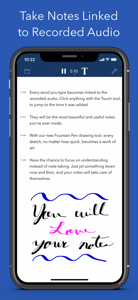A mobile interface showing text notes with timestamps and handwriting linked to a voice recording in the AudioNote 2 app.