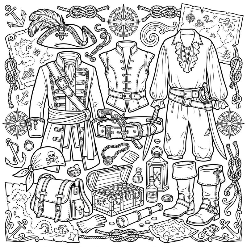 Dive into a world of buccaneers and buried riches with this intricate pirate apparel and treasures coloring page. Discover a grand collection of classic pirate gear, from elaborate coats to gleaming gold, ready for your creative touch.