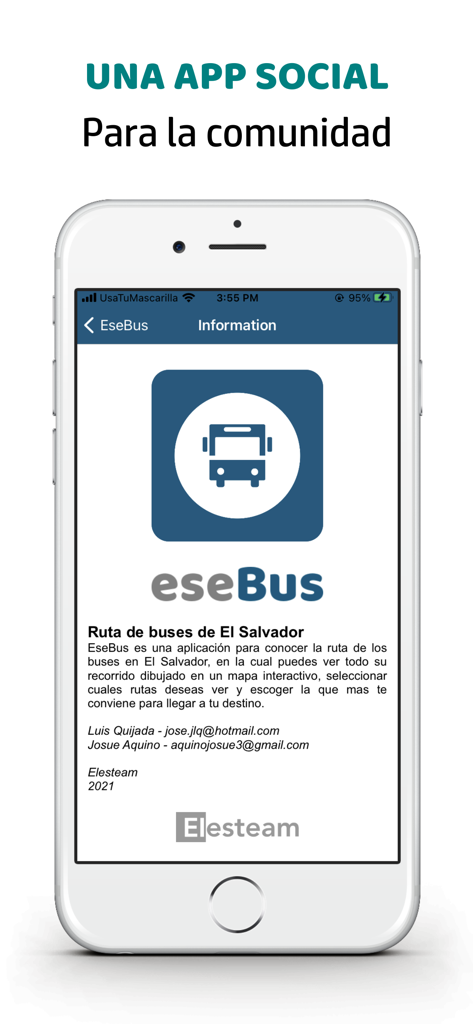 EseBus SV - Informationsbildschirm der EseBus SV-App, der sie als soziales Navigationswerkzeug für die Community präsentiert