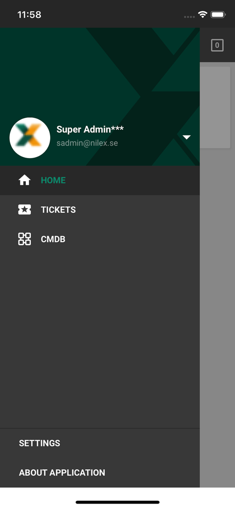 Nilex Service Platform - Side navigation menu of the Nilex Service Platform mobile app featuring Home Tickets and CMDB sections