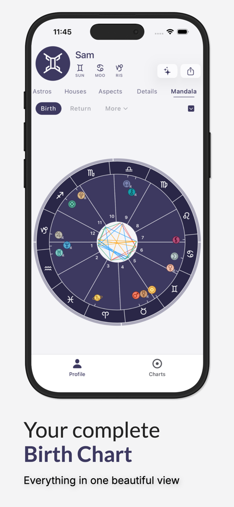 Horos - Birth Chart - A mobile phone screen showing a detailed astrological birth chart mandala with different zodiac signs and planetary positions