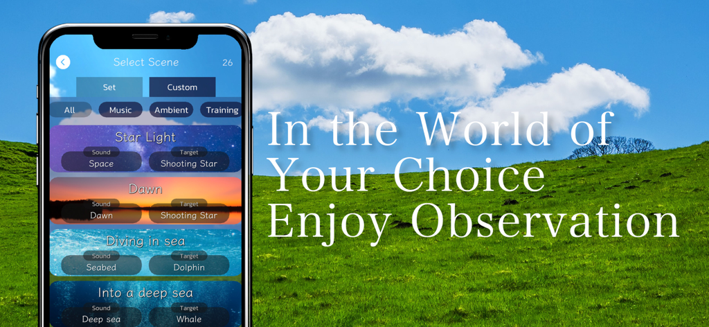Touch & Sleep - iPhone mostrando el menú de selección de escenas de la aplicación Touch and Sleep con opciones como Luz de estrellas y Amanecer contra un fondo de campo verde