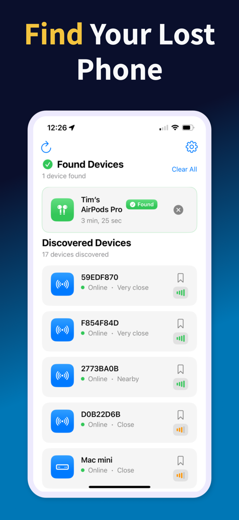 Oberfläche zeigt eine Liste der erkannten Bluetooth-Geräte und der gefundenen AirPods Pro mit Signalstärkenanzeigen
