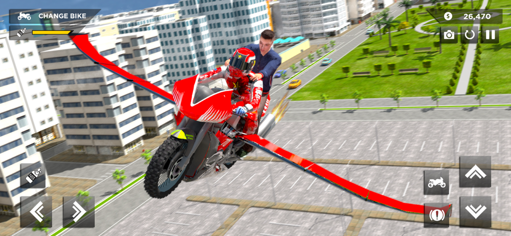 Flying Bike – Fly Motorbike 3D - Red flying motorbike with wings soaring above a city in a 3D simulation game