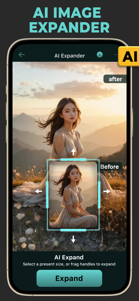 ポートレート写真を風景の背景にアウトペイントして拡大するAI画像エキスパンダー機能を実演するモバイルアプリインターフェース