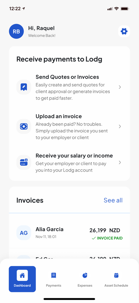 Lodg NZ - Lodg NZ mobile app dashboard displaying options to send quotes, upload invoices, and receive payments for sole traders.
