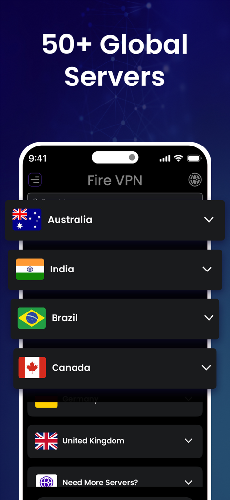 Fire VPN: Fast, Safe, Private - Fire VPN app interface showing a list of over 50 global server locations with country flags