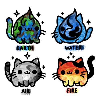 4 cats that represent the different elements, earth, water, air, and fire