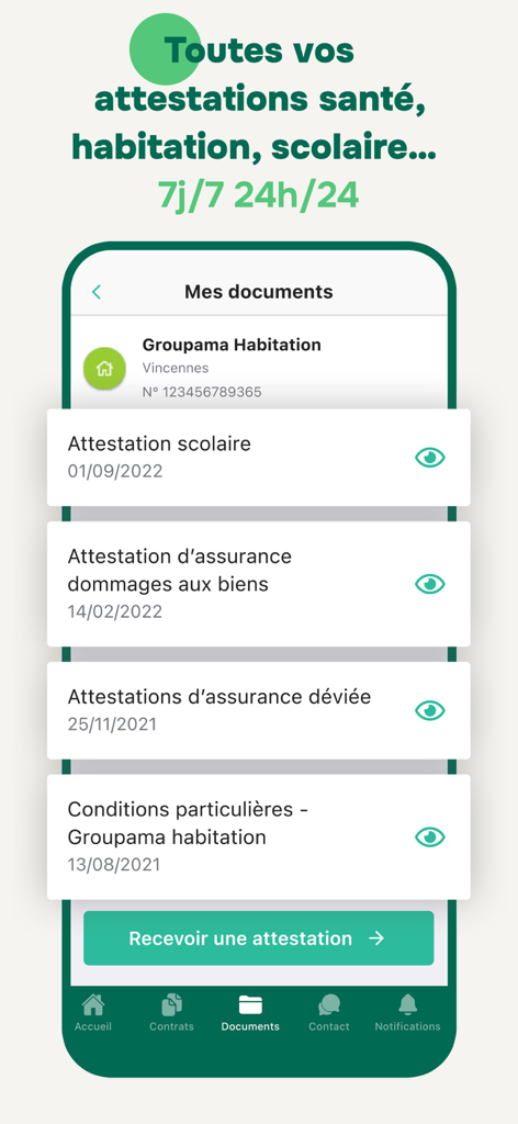 Pantalla de la aplicación móvil Groupama et moi que muestra una lista de certificados de seguro digitales para pólizas de hogar y escuela