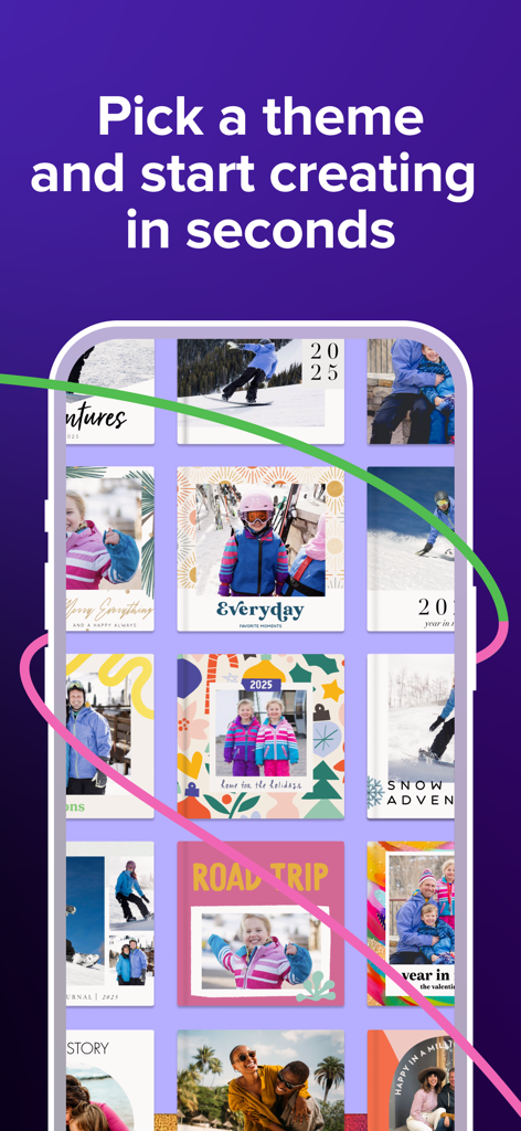 Ein Smartphone-Bildschirm, der verschiedene kreative Fotobuch-Designs in der Mixbook-App anzeigt.