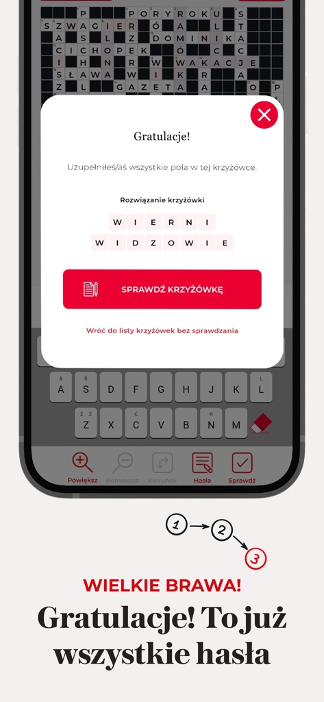 Krzyżówki Wyborczej - Pantalla de una aplicación móvil que muestra un mensaje de felicitación después de completar un crucigrama polaco.