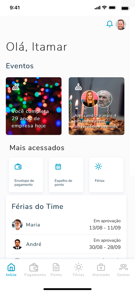 TOTVS My HR - Dashboard mobile dell'app TOTVS My HR che mostra eventi personali e funzionalità di gestione dei dipendenti