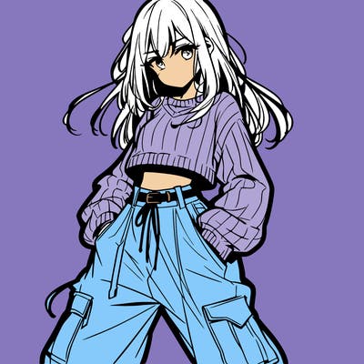 anime teen girl with baggy pants and crop top with sweater