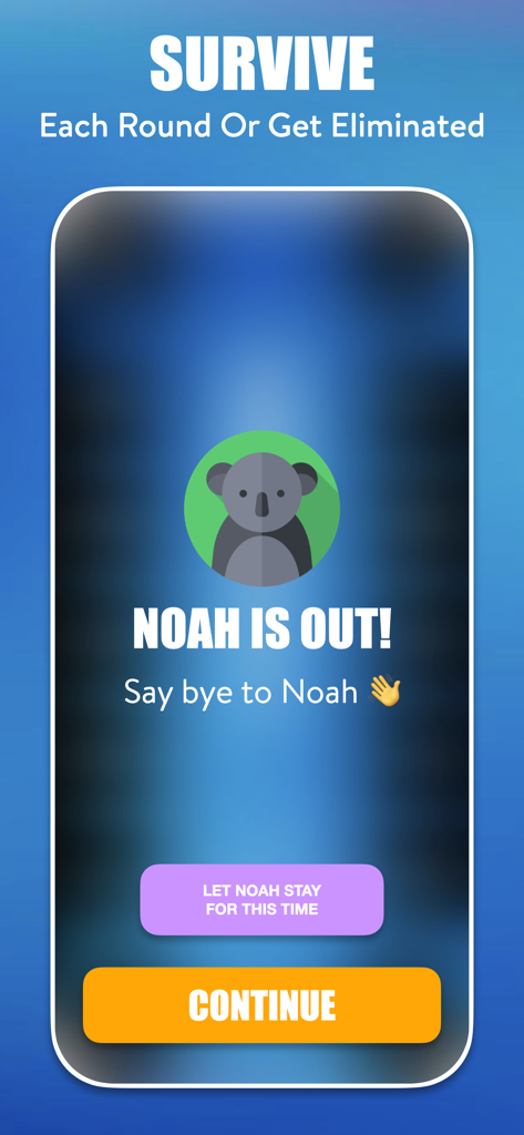 Tap Battle - Party Game - Tela de eliminação de jogador no jogo de festa Tap Battle mostrando um avatar de coala e uma mensagem dizendo Noah está fora