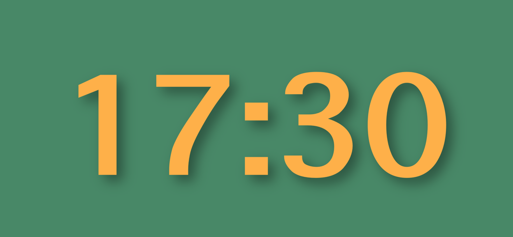 Simple Clock - Study With Me - Minimalistische digitale Uhrenoberfläche, die 17:30 in orangefarbenem Text auf solidem grünen Hintergrund anzeigt