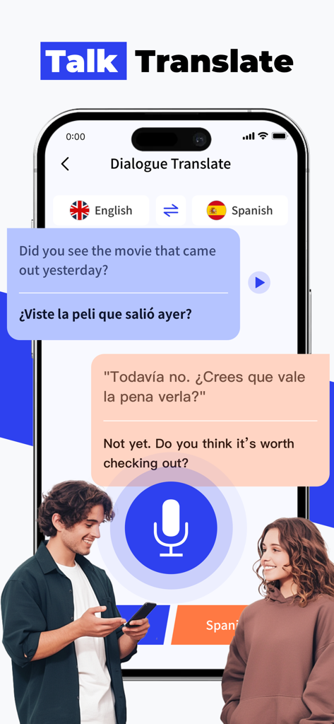 Lingo Translate & Learn Mobile - Lingo app dialogue translate feature showing English to Spanish voice conversation