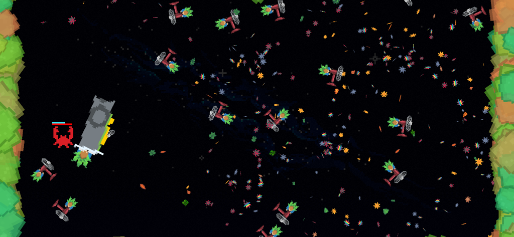 Leaf Blower Revolution - Jugabilidad de Leaf Blower Revolution mostrando múltiples sopladores automáticos limpiando hojas en un nivel espacial con un enemigo cangrejo.