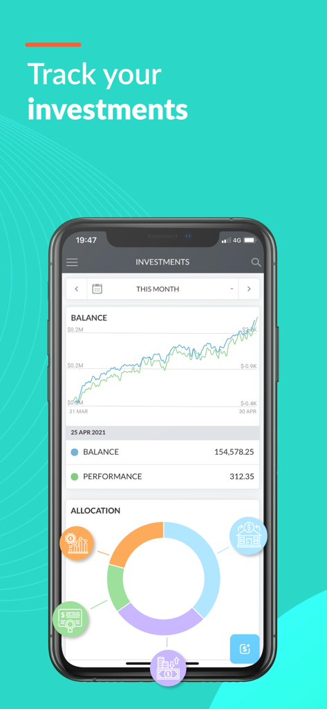 Buxfer mobile app screen displaying investment balance graph and asset allocation chart