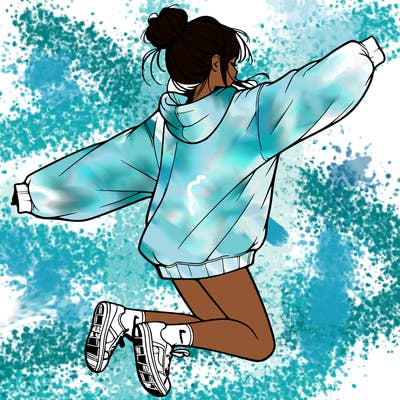 realistic girl jumping with a bun and oversized sweatshirt