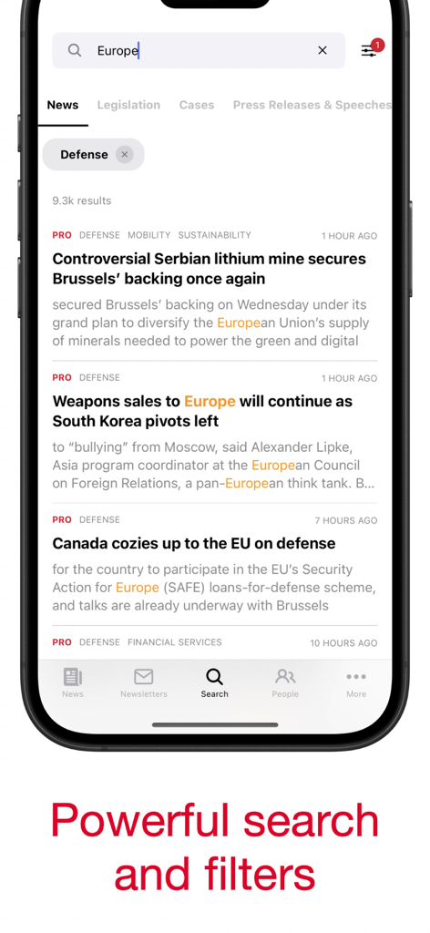 POLITICO Europe Edition - Politico Europe App Suchoberfläche mit nach Themen gefilterten Nachrichten.