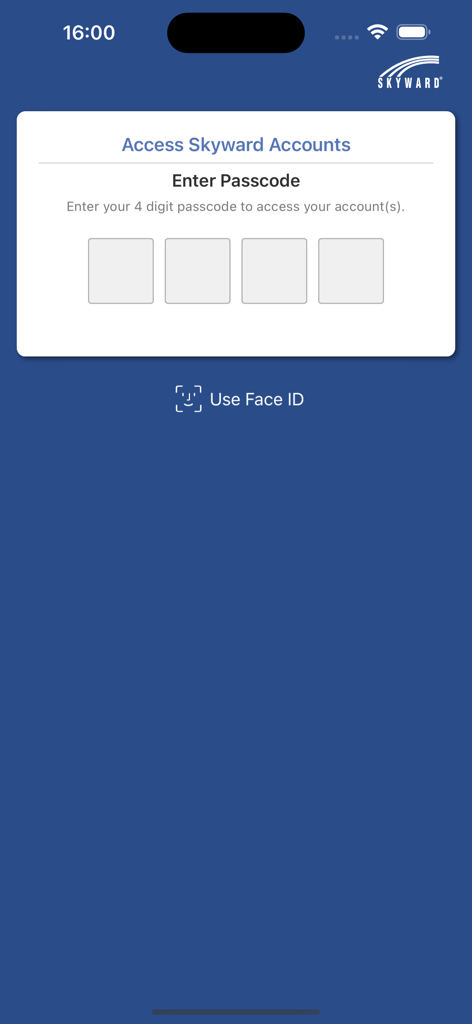 Skyward Mobile Access - Skyward Mobile Access login screen showing passcode entry fields and Face ID option