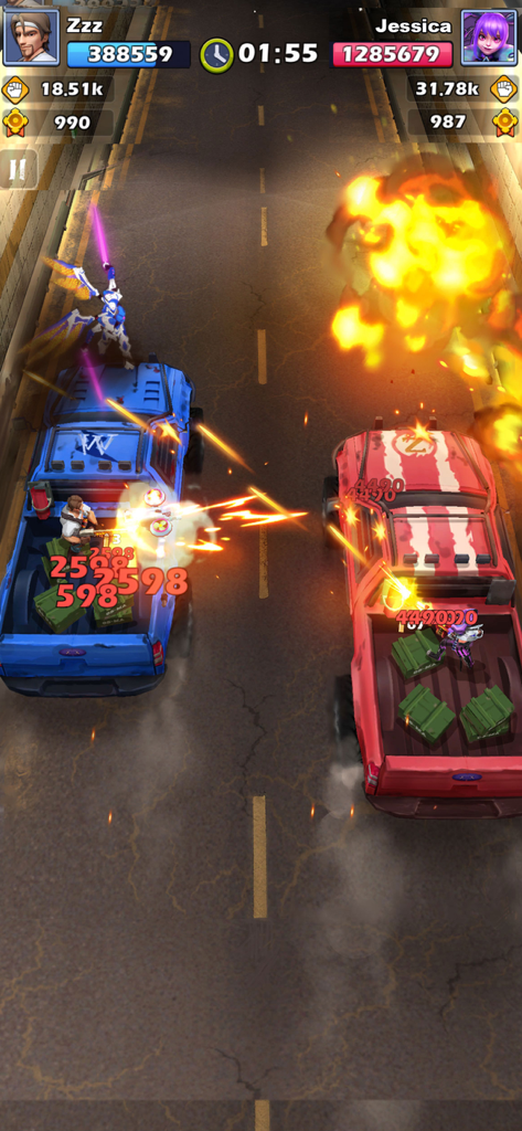 Zombie Waves-shooting game - Kompetitiver Truck-Shooter-Kampf-Gameplay in Zombie Waves mit zwei Fahrzeugen und Explosionen auf einer Autobahn