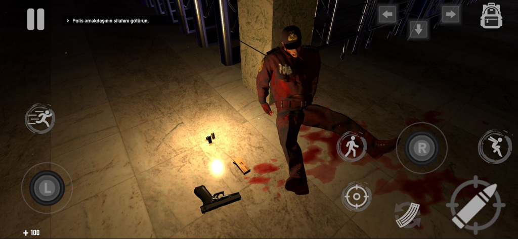 The Last Station - Baku - Gameplay screenshot showing a dead officer and a handgun in a dark metro station