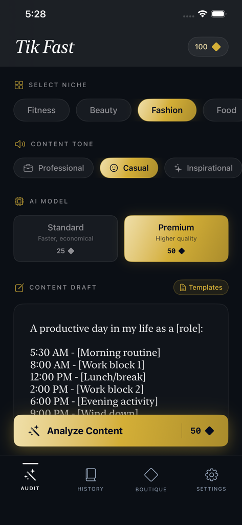 Tik Fast -Follower,Like,Fan,s - Screenshot of the Tik Fast app Audit screen showing options to select a niche content tone and AI model for analyzing a content draft.