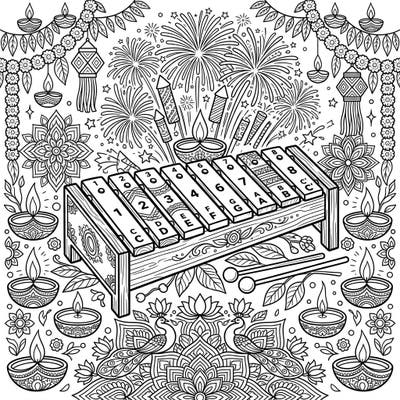 Unleash your creativity with this unique Diwali Xylophone coloring page. Immerse yourself in a vibrant scene featuring a musical instrument amidst fireworks, diyas, and beautiful patterns, perfect for a festive coloring experience.