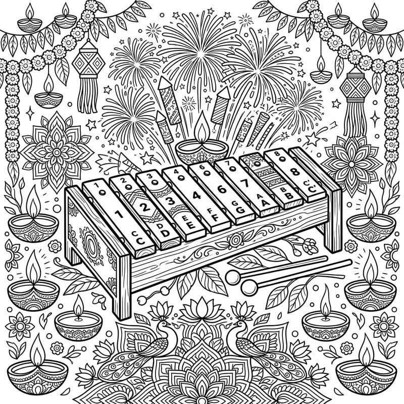 Unleash your creativity with this unique Diwali Xylophone coloring page. Immerse yourself in a vibrant scene featuring a musical instrument amidst fireworks, diyas, and beautiful patterns, perfect for a festive coloring experience.