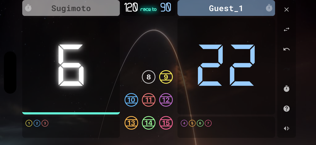 neon  cue sports score board - Neon digital scoreboard for cue sports showing match scores