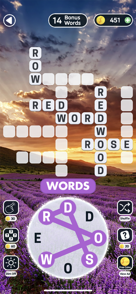 Word Swipe Connect: Crossword - Word Swipe Connect crossword puzzle gameplay featuring a word grid and letter wheel over a serene sunset lavender field