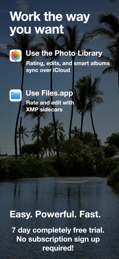 Nitro Photo app screen showing options for photo library integration and files app support with xmp sidecars
