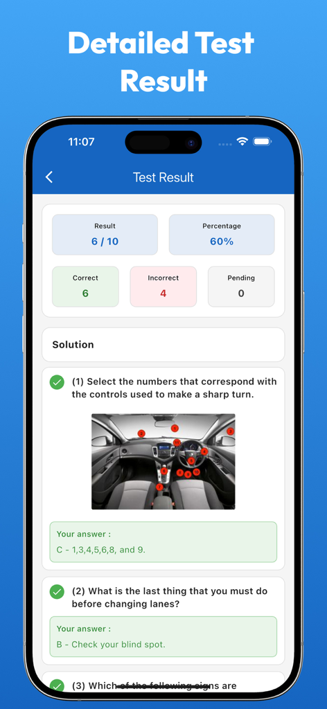 Detailed test result page in the K53 South Africa driving app