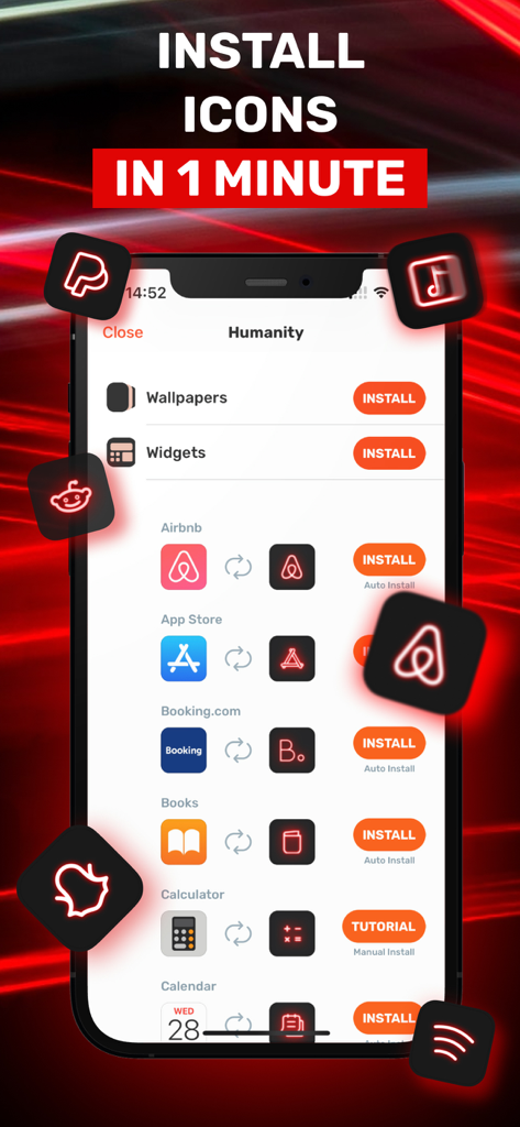 Themes - Icon Changer + Widget - Themely app interface for quick installation of neon red aesthetic icons and widgets.