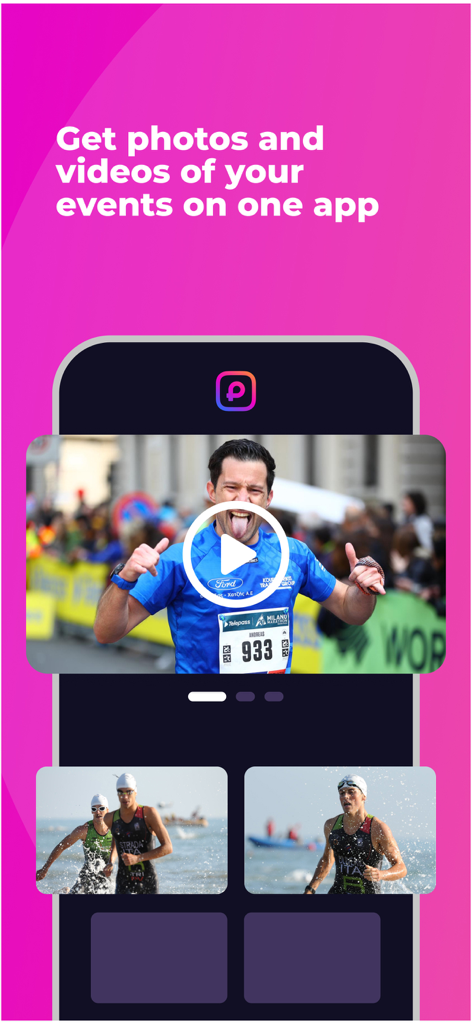 getpica.com - Getpica app interface showing personalized event photos and videos for a marathon runner and swimmers