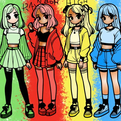 one girl with crop-top shirt and a jacket with a skirt, long socks and another girl with a shirt and pants with a jacket