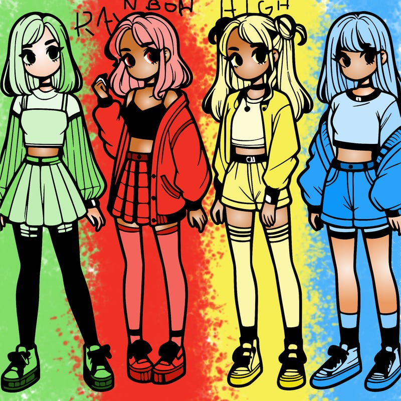 one girl with crop-top shirt and a jacket with a skirt, long socks and another girl with a shirt and pants with a jacket