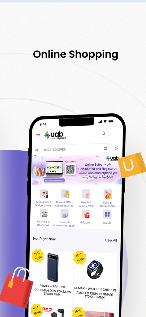 Ein Smartphone-Bildschirm, der den uabpay Marktplatz mit verschiedenen Einkaufskategorien und Produktangeboten anzeigt